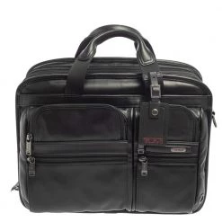 TUMI Black Leather Alpha Bravo T-Pass Expandable Laptop Briefcase For Men