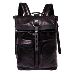 TUMI Black/Metallic Bronze Leather Alpha Bravo Luke Roll Top Backpack For Men