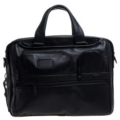TUMI Black Leather Expandable Organizer Computer Briefcase For Men