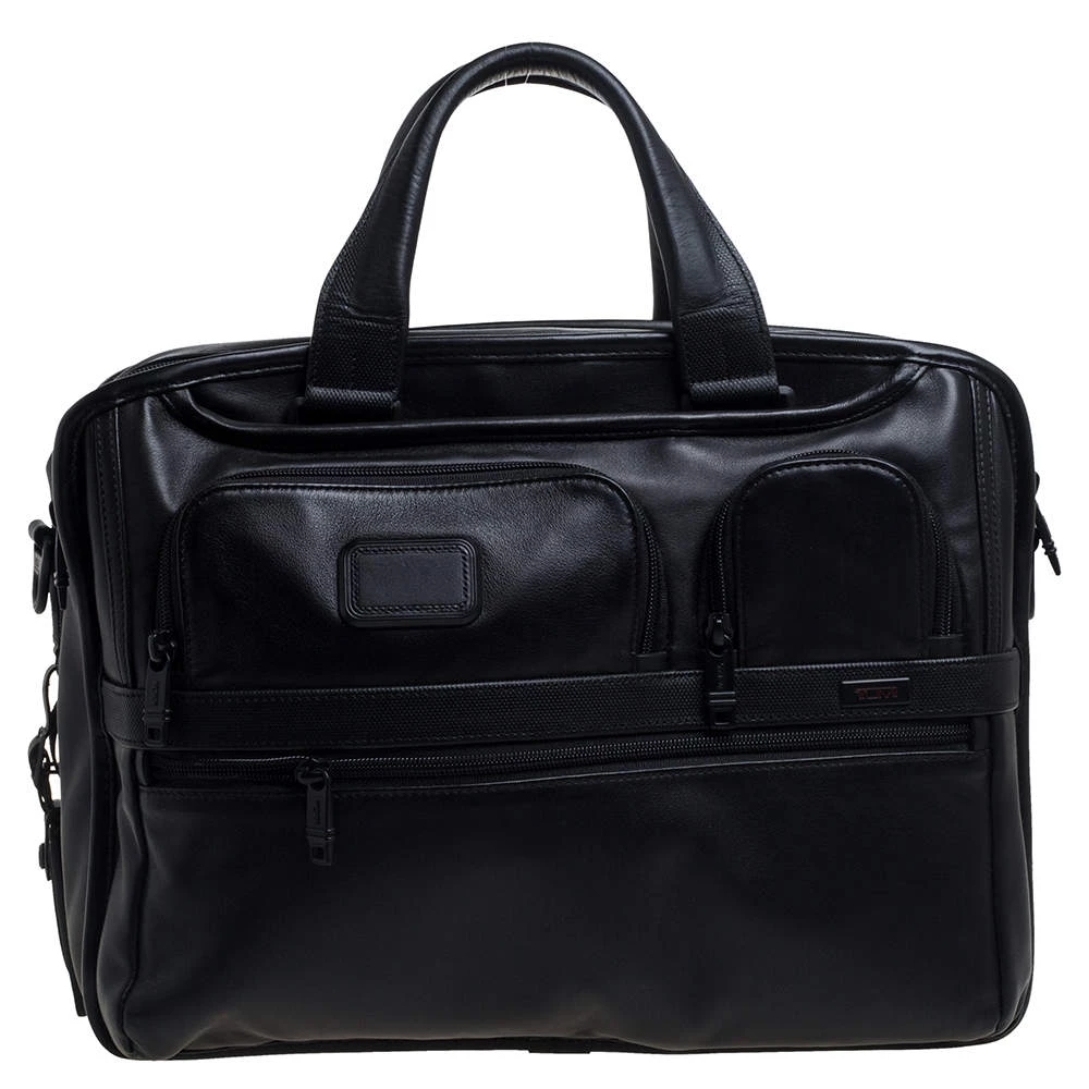 TUMI Black Leather Expandable Organizer Computer Briefcase For Men