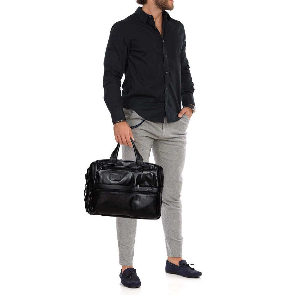 TUMI Black Leather Expandable Organizer Computer Briefcase For Men - Image 2