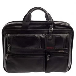 TUMI Black Leather Gen 4.2 T-Pass Med Screen Laptop Slim Briefcase For Men