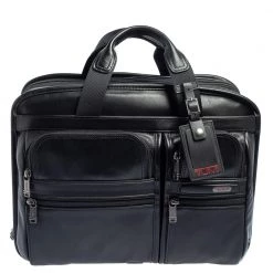TUMI Black Leather Gen 4.2 Core T-Pass Expandable Laptop Briefcase For Men