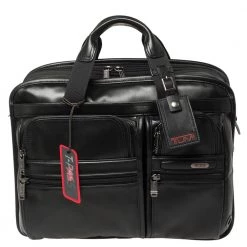 TUMI Black Leather Gen 4.2 T-Pass Expandable Laptop Briefcase For Men