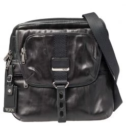 Tumi Black Leather Alpha Bravo Arnold Expandable Messenger Bag For Men