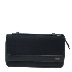 Tumi Black Leather And Canvas Large Zip Around Travel Wallet For Men