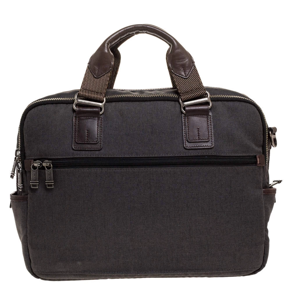 TUMI Grey/Brown Canvas And Leather Alpha Bravo Briefcase For Men - Image 4