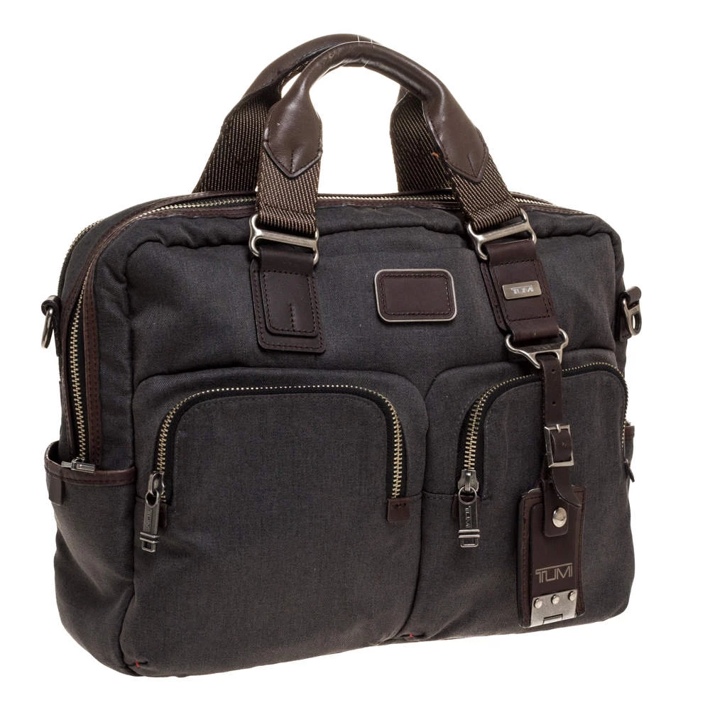 TUMI Grey/Brown Canvas And Leather Alpha Bravo Briefcase For Men - Image 3