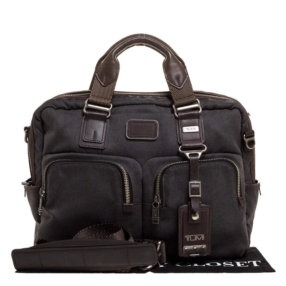 TUMI Grey/Brown Canvas And Leather Alpha Bravo Briefcase For Men - Image 9