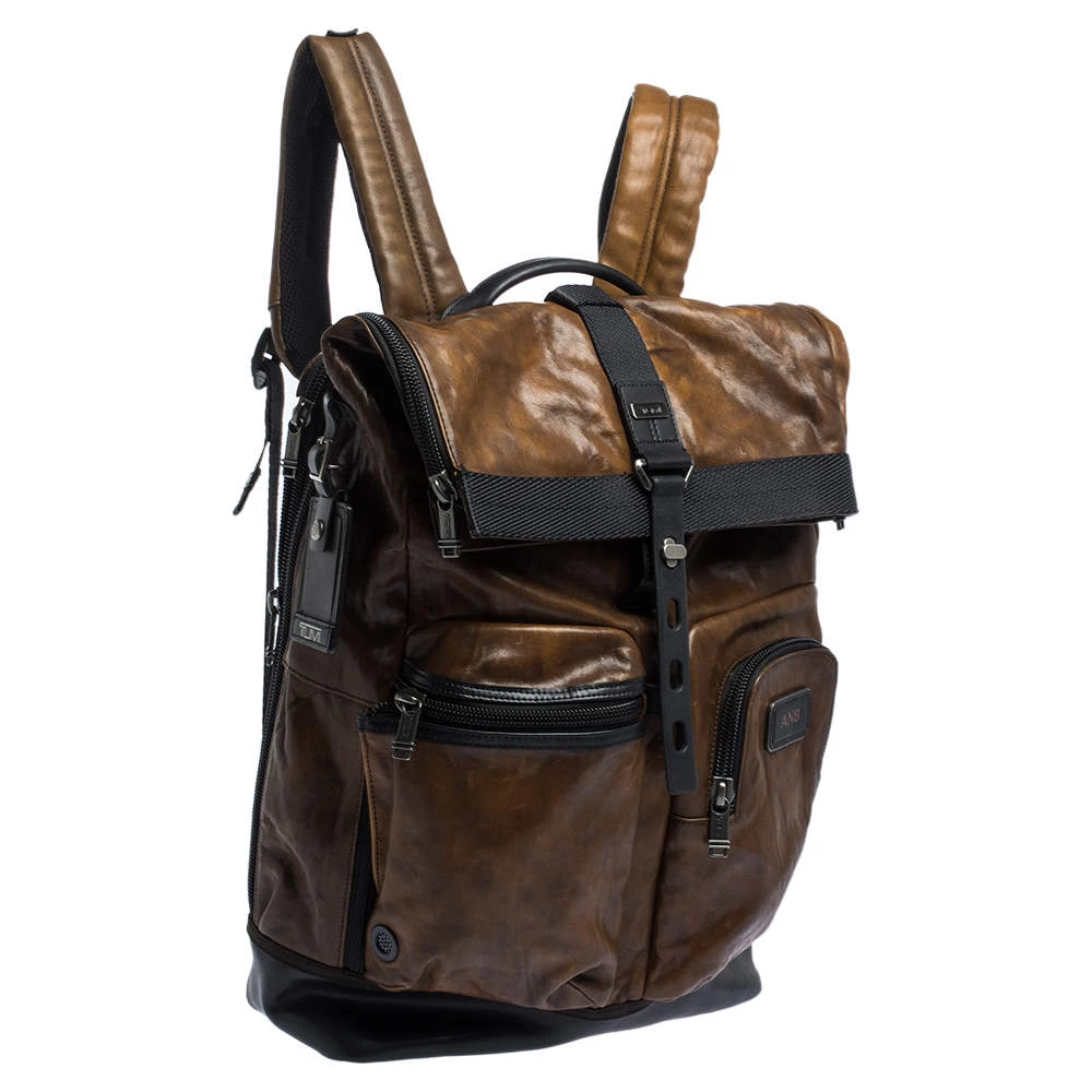 TUMI Brown/Black Leather London Roll Top Backpack For Men - Image 3
