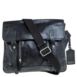 TUMI Black Leather Front Pocket Flap Messenger Bag For Men