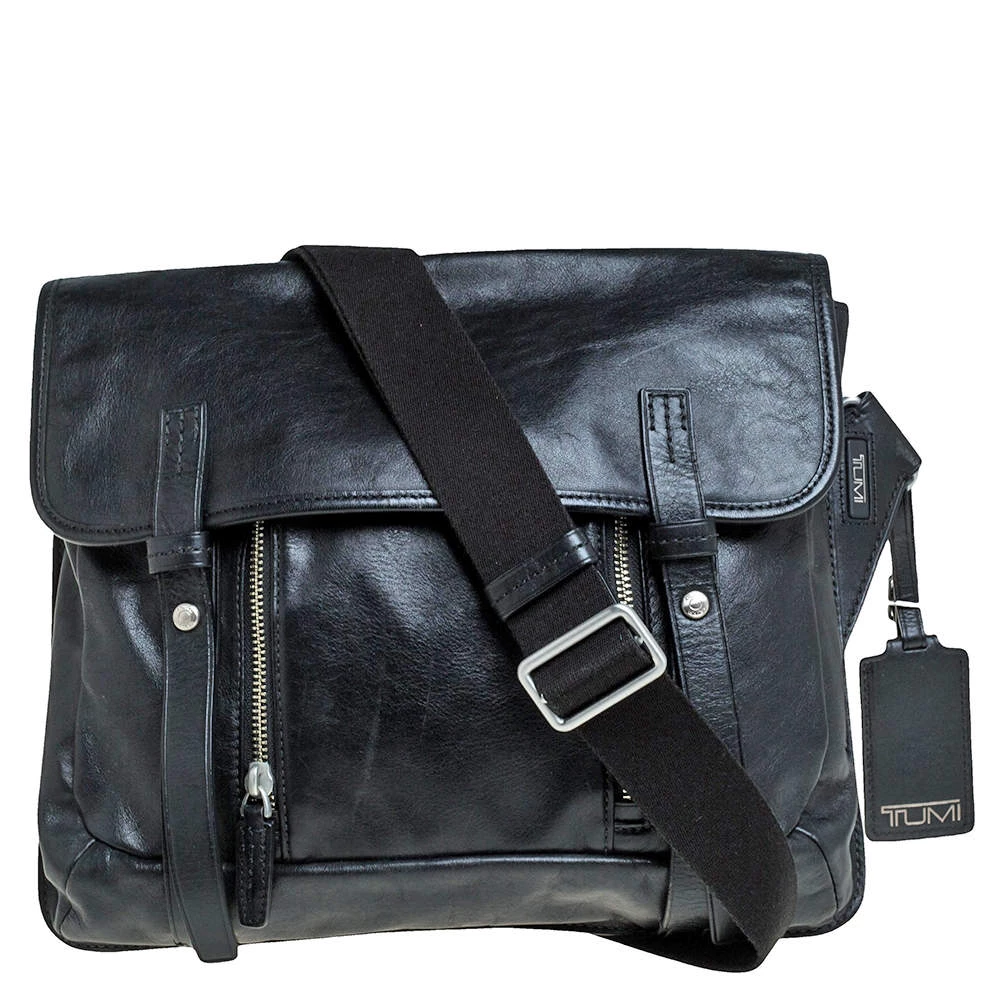 TUMI Black Leather Front Pocket Flap Messenger Bag For Men