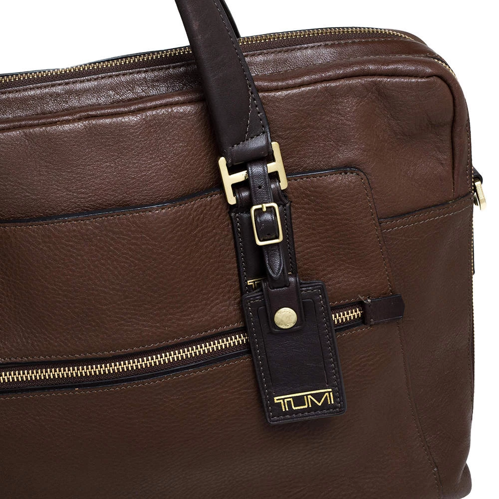 TUMI Brown Leather Double Zip Briefcase For Men - Image 5