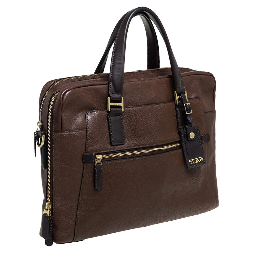 TUMI Brown Leather Double Zip Briefcase For Men - Image 3