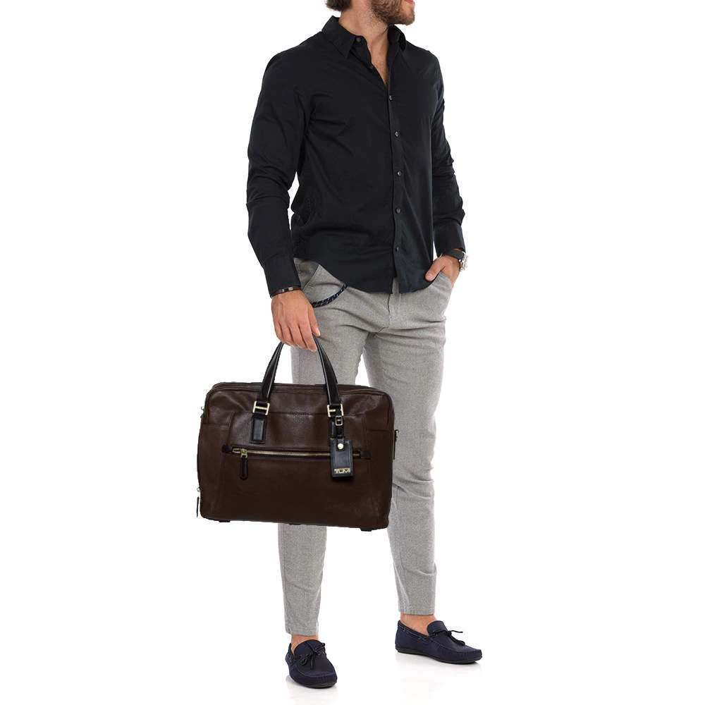 TUMI Brown Leather Double Zip Briefcase For Men - Image 2