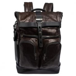 TUMI Black/Metallic Bronze Leather Alpha Bravo London Roll Top Backpack For Men