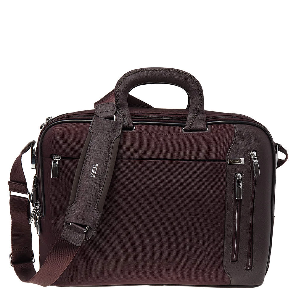 Tumi Burgundy Nylon T-Pass Kennedy Deluxe Brief Laptop Bag For Men
