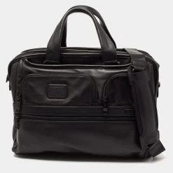TUMI Black Leather Alpha 2 Expandable Organizer Briefcase Laptop Bag For Men