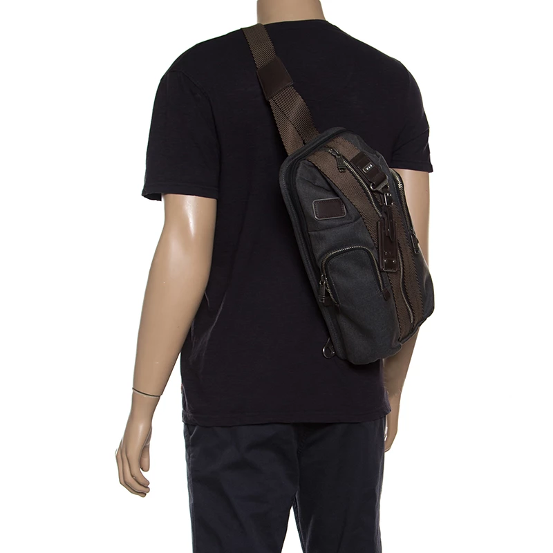 Tumi Grey/Brown Fabric And Leather Alpha Bravo Monterey Sling Bag For Men - Image 2