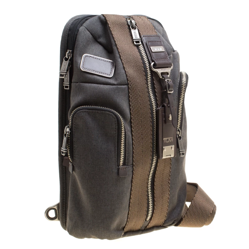 Tumi Grey/Brown Fabric And Leather Alpha Bravo Monterey Sling Bag For Men - Image 3