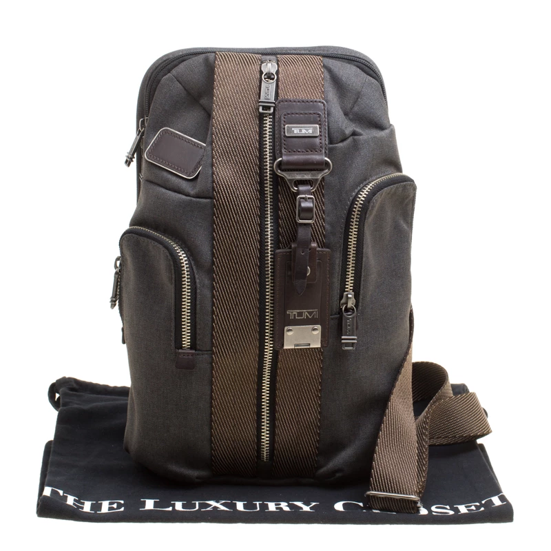 Tumi Grey/Brown Fabric And Leather Alpha Bravo Monterey Sling Bag For Men - Image 10