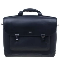 Tumi Black Leather Formula T Compartment Bag With Outer Compartment For Men