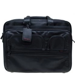 Tumi Black Leather Alpha T-Pass Expandable Laptop Two Wheel Brief Luggage For Men