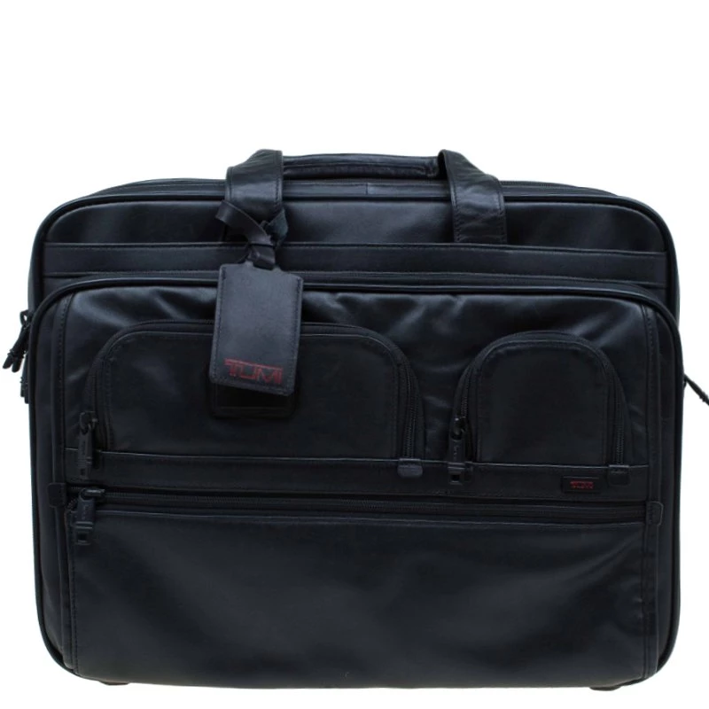 Tumi Black Leather Alpha T-Pass Expandable Laptop Two Wheel Brief Luggage For Men