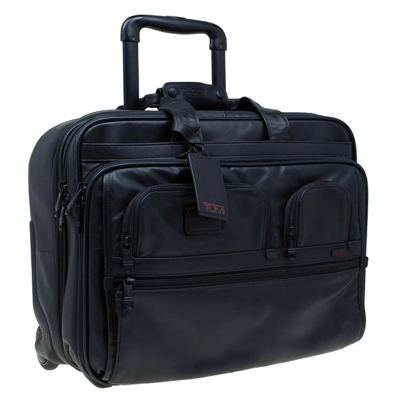 Tumi Black Leather Alpha T-Pass Expandable Laptop Two Wheel Brief Luggage For Men - Image 3